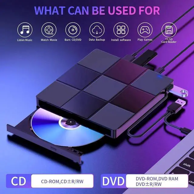 Alt view image 4 of 7 - External CD/DVD Drive for Laptop, 7 in 1 USB 3.0 Type C Ultra-Slim Portable CD/DVD Player Burner, with 4 USB Ports&SD TF Card Slot, Optical Drive Compatible with Windows 11/10/8/7, Linux, MacOS