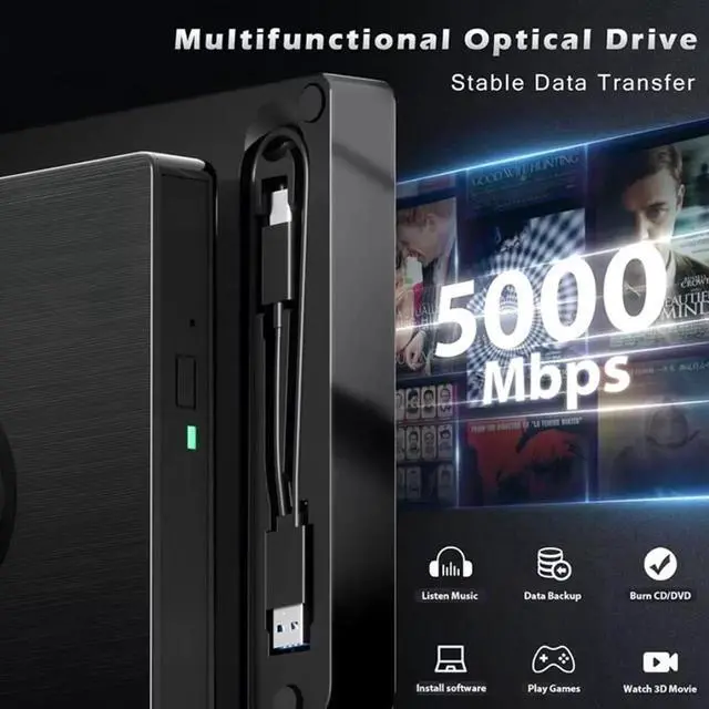 Alt view image 6 of 7 - External Blu Ray Drive, BD Player with Read/Write Capability Portable Blu-ray Player with USB 3.0 and Type-C CD/DVD Burner 3D Blu-ray Drive Compatible with Win10 and Mac OS,Drive Blu Ray Player