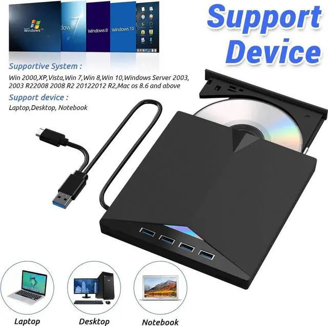 Alt view image 4 of 7 - 7 in 1 External Blu-ray Drive, DVD/BD Player Blu Ray Burner with USB 3.0 Type-C Portable Blu Ray Drive, Portable 3D CD DVD Burner Optical Bluray Drive for Laptop PC Desktop Windows 11 10 Mac OS