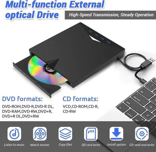 Alt view image 3 of 7 - 7 in 1 External Blu-ray Drive, DVD/BD Player Blu Ray Burner with USB 3.0 Type-C Portable Blu Ray Drive, Portable 3D CD DVD Burner Optical Bluray Drive for Laptop PC Desktop Windows 11 10 Mac OS
