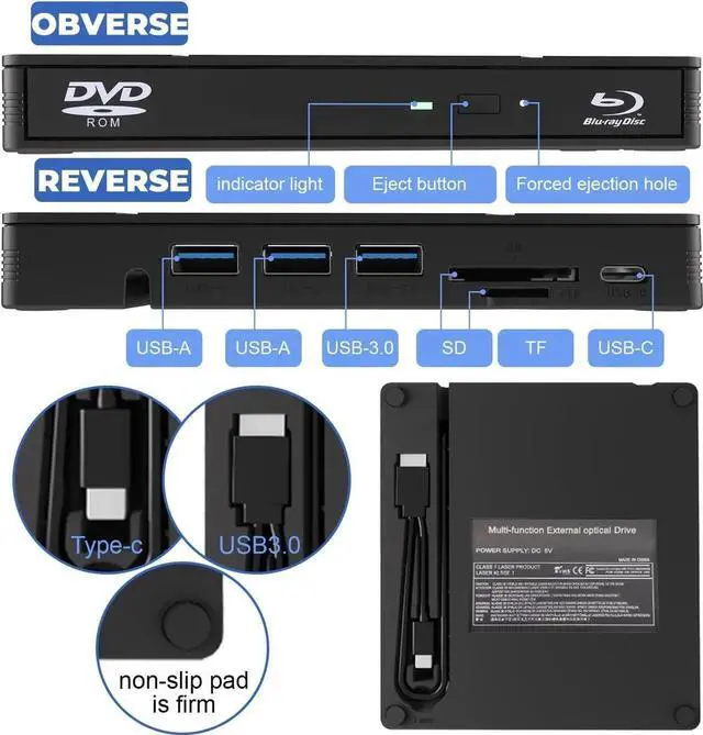 Alt view image 7 of 7 - External Blu Ray Drive, 7 in 1 External Blu-ray Drive USB 3.0 Type C Portable Blu Ray Player, 3D Blu Ray Burner CD DVD Burner, Optical Bluray Drive for Windows XP/7/8/10/11, Mac OS Computers