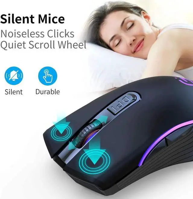Alt view image 2 of 7 - Silent Click Wireless Mouse for Laptop - Light up Rechargeable USB Cordless Mice for Computer, 3 DPI up to 2400, [Queit] Comfort & Smooth LED RGB Mouse for PC Tablet Chromebook Microsoft Windows Mac