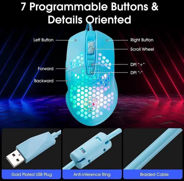 Alt view image 3 of 7 - Lightweight Gaming Mouse, Wired USB Computer Gamer Mice with Ultralight Honeycomb Shell, RGB Chroma LED Light, 6400 DPI Adjustable, Pixart 3325, Programmable 7 Buttons Mouse for Windows 7/8/10/XP