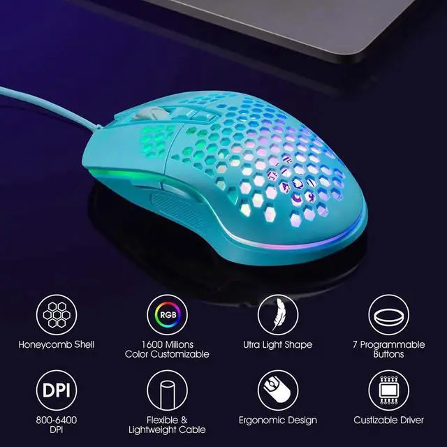 Alt view image 6 of 7 - Lightweight Gaming Mouse, Wired USB Computer Gamer Mice with Ultralight Honeycomb Shell, RGB Chroma LED Light, 6400 DPI Adjustable, Pixart 3325, Programmable 7 Buttons Mouse for Windows 7/8/10/XP