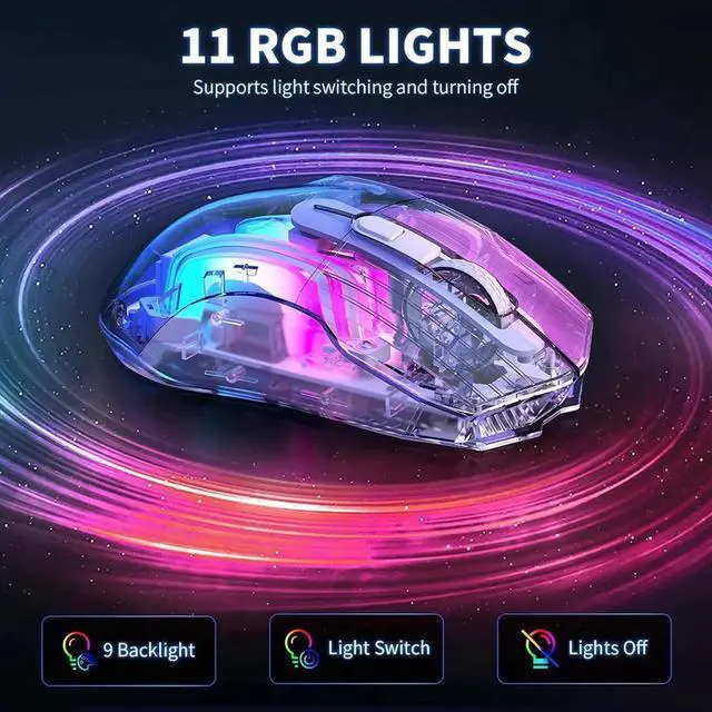 Alt view image 2 of 7 - Wireless Gaming Mouse, Tri-Mode 2.4G/USB-C/Bluetooth Mouse, Rechargeable Computer Gaming Mice with 5 DPI Levels, 6 Buttons, 11 RGB Lights, Ergonomic Mouse for Laptop PC Mac-Transparent