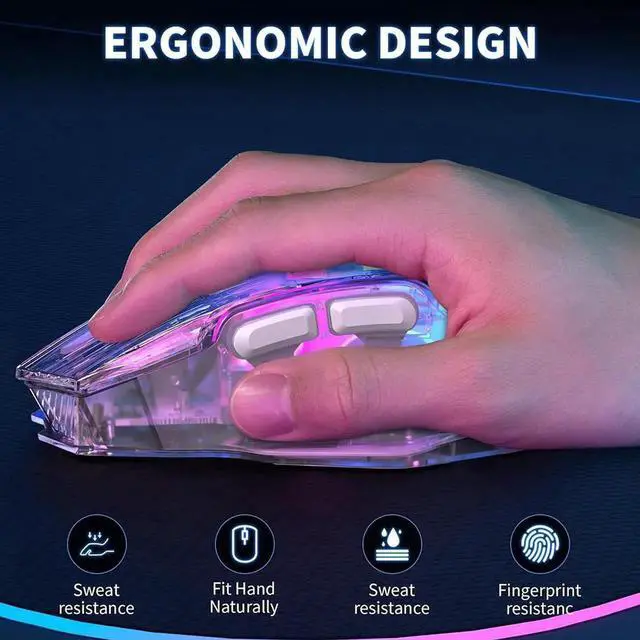 Alt view image 4 of 7 - Wireless Gaming Mouse, Tri-Mode 2.4G/USB-C/Bluetooth Mouse, Rechargeable Computer Gaming Mice with 5 DPI Levels, 6 Buttons, 11 RGB Lights, Ergonomic Mouse for Laptop PC Mac-Transparent