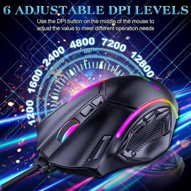 Alt view image 5 of 7 - USB Wired Gaming Mouse, 6 Adjustable DPI [12800 DPI] Computer Mouse, Optical Sensor 13 RGB Mouse, Gaming Mouse Wired with 12 Programmable Buttons, Ergonomic PC Gaming Wired Mouse for Laptop Desktop PC