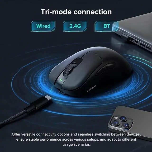 Alt view image 2 of 6 - Wireless Gaming Mouse, 24000 DPI, Wired/2.4GHz/Bluetooth Ergonomic Mouse with Anti-Slip Grips, PAW3311 Sensor, 57g Lightweight Rechargeable Gaming Mice for Laptop/PC/Mac/Tablet, Black