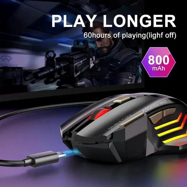 Alt view image 4 of 7 - 2.4G Wireless + Bluetooth Rechargeable Gaming Mouse, 4 DPI Adjustable, 6 Buttons, 7 Color RGB LED Breathing Light, 2.4G Low Noise Computer Optical Mouse (Wireless+Bluetooth)