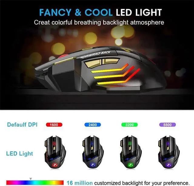 Alt view image 7 of 7 - 2.4G Wireless + Bluetooth Rechargeable Gaming Mouse, 4 DPI Adjustable, 6 Buttons, 7 Color RGB LED Breathing Light, 2.4G Low Noise Computer Optical Mouse (Wireless+Bluetooth)