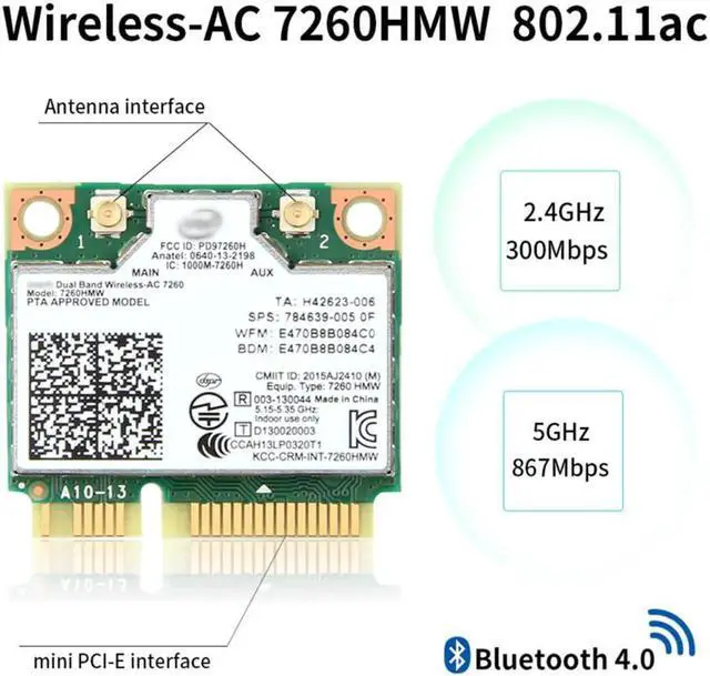 Alt view image 4 of 7 - Mini pcie WiFi Card Dual Band Wireless AC 7260 PCI Express Card 802.11ac 2x2 Wi-Fi 7260hmw Bluetooth 4.0 PCIe Half WiFi Card 802.11 b/a/g/n/ac for Laptop Window 7 8 8.1 10 Linux 2.4.x/2.6.x or Later