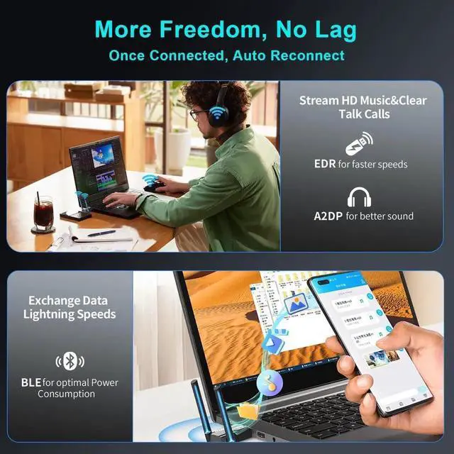 Alt view image 5 of 7 - USB Bluetooth 5.4 Adapter for PC Laptop, Long Range 492FT/150M Wireless Dongle Adaptor for Windows 11 10 8.1 7 Desktop, Plug and Play Bluetooth Mouse Keyboard Headphones Speaker Game Controller