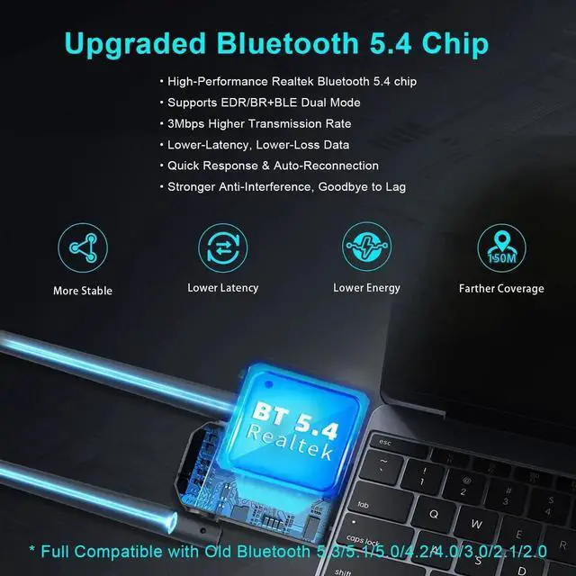 Alt view image 4 of 7 - USB Bluetooth 5.4 Adapter for PC Laptop, Long Range 492FT/150M Wireless Dongle Adaptor for Windows 11 10 8.1 7 Desktop, Plug and Play Bluetooth Mouse Keyboard Headphones Speaker Game Controller