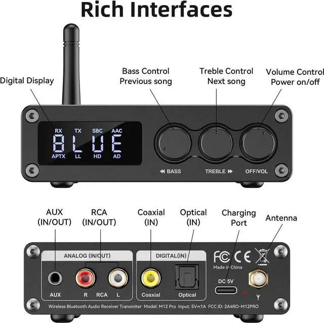 Alt view image 4 of 7 - Bluetooth 5.2 Transmitter Receiver for TV, Home Stereo, BT Headset, Low Latency HD Bluetooth Audio Decoder Adapter with Display, RCA, 3.5mm AUX, Coaxial, Optical Inputs/Outputs