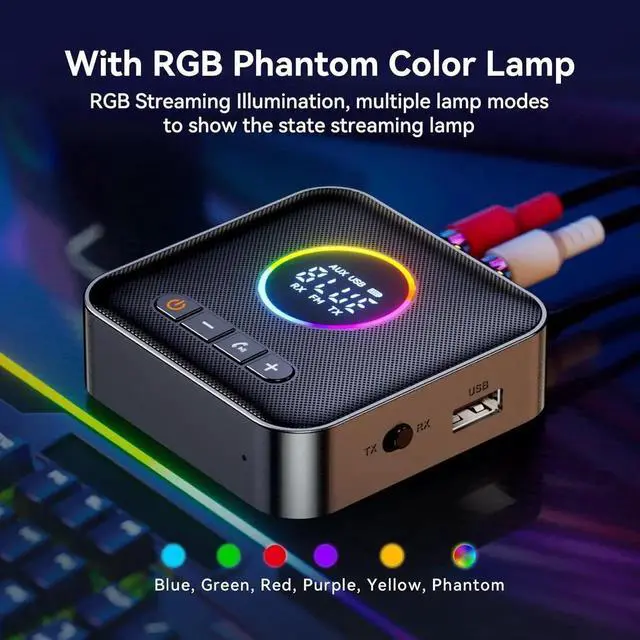 Alt view image 6 of 7 - RGB Upgraded Bluetooth 5.4 Audio Receiver Transmitter for TV Home Stereo/Speakers Bluetooth Audio Adapter with Display, USB, RCA, 3.5 mm AUX, FM Radio Input/Output