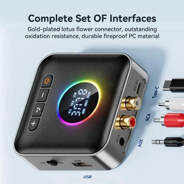 Alt view image 7 of 7 - RGB Upgraded Bluetooth 5.4 Audio Receiver Transmitter for TV Home Stereo/Speakers Bluetooth Audio Adapter with Display, USB, RCA, 3.5 mm AUX, FM Radio Input/Output