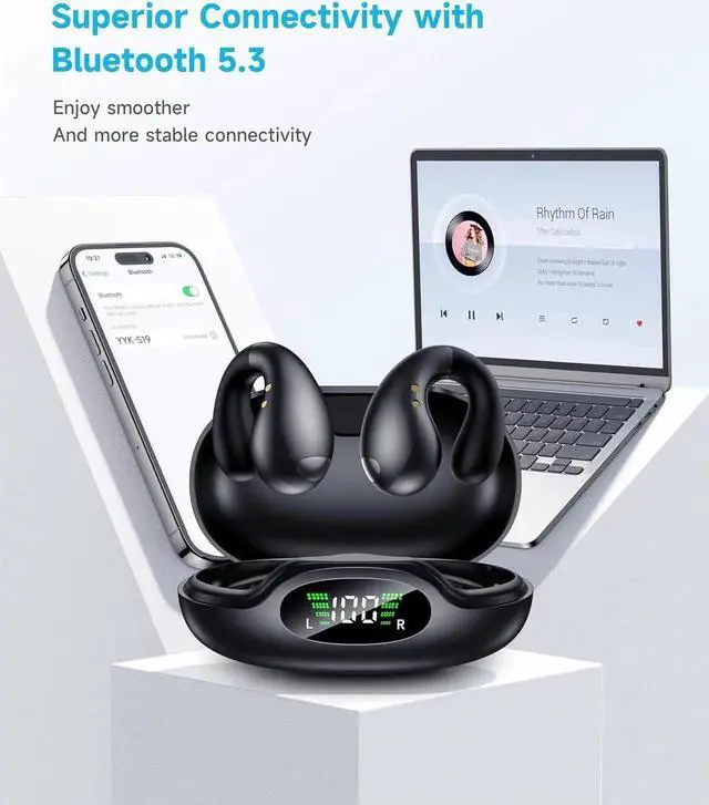 Alt view image 2 of 7 - True Wireless Earbuds - Open Ear Headphones Wireless, Bone Conduction Earbuds With Mic, Bluetooth 5.3 Clip On Earphones, Fast Charging 50h Playtime, IPX4 Ear Buds For Running Sport Workout