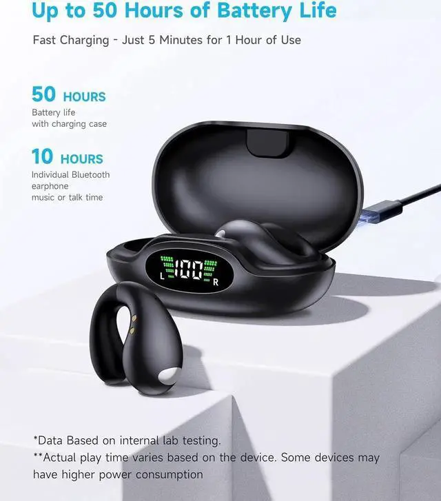 Alt view image 5 of 7 - True Wireless Earbuds - Open Ear Headphones Wireless, Bone Conduction Earbuds With Mic, Bluetooth 5.3 Clip On Earphones, Fast Charging 50h Playtime, IPX4 Ear Buds For Running Sport Workout