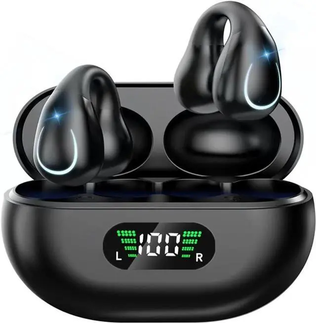 Main image of Open Ear Bone Conduction Headphones, Bluetooth 5.3 Wireless Open Clip on Ear Earbuds Built-in Mic with Ear Hooks Charging Case 60 Hours Playtime Sport Earphones Waterproof for Fitness Running