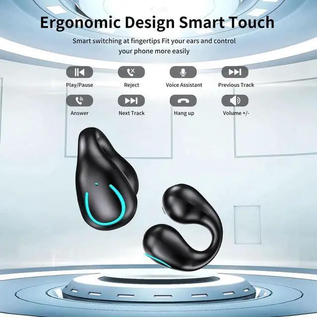 Alt view image 2 of 7 - Open Ear Bone Conduction Headphones, Bluetooth 5.3 Wireless Open Clip on Ear Earbuds Built-in Mic with Ear Hooks Charging Case 60 Hours Playtime Sport Earphones Waterproof for Fitness Running