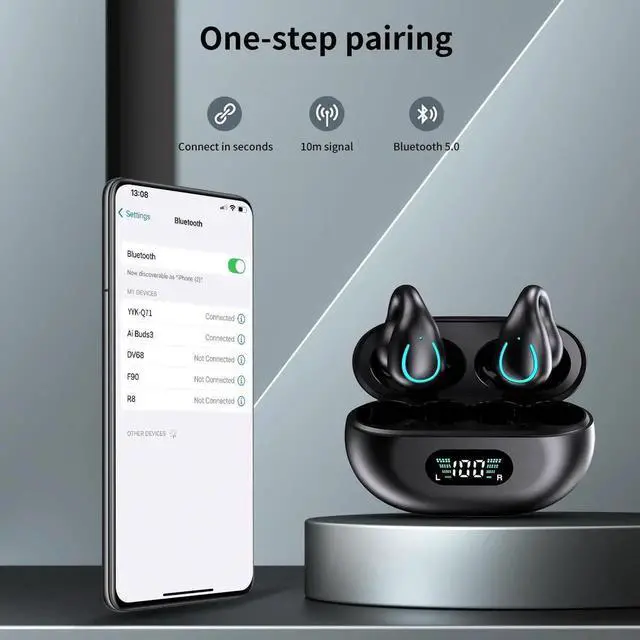 Alt view image 5 of 7 - Open Ear Bone Conduction Headphones, Bluetooth 5.3 Wireless Open Clip on Ear Earbuds Built-in Mic with Ear Hooks Charging Case 60 Hours Playtime Sport Earphones Waterproof for Fitness Running