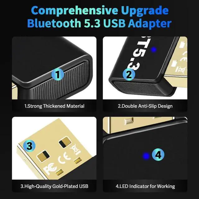 Alt view image 2 of 6 - Bluetooth 5.3 Adapter for PC Desktop, 20M Wireless Transmitter Dongle for Windows 11/10/8.1 Computer Laptop, Plug & Play, Pair w/Bluetooth Headset Headphones Speaker Keyboard Mouse Printers