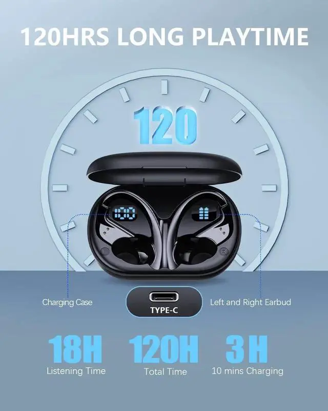 Alt view image 2 of 6 - True Wireless Earbuds, Bluetooth Headphones 120H Playtime Bluetooth 5.3 Ear Buds for Sports, Hi-fi Stereo Earphones with LED Display Charging Case, Headphones for Running/Workout