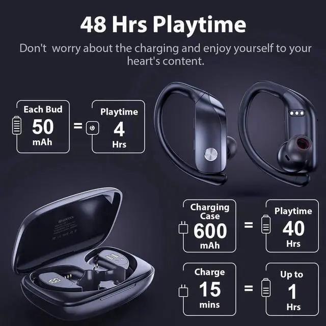 Main image of Ture Wireless Earbuds Bluetooth Headphones 48hrs Playtime Sport Earphones with LED Display TWS Stereo Deep Bass Ear Buds with Earhooks Waterproof in-Ear Built-in Mic Headset for Running Workout