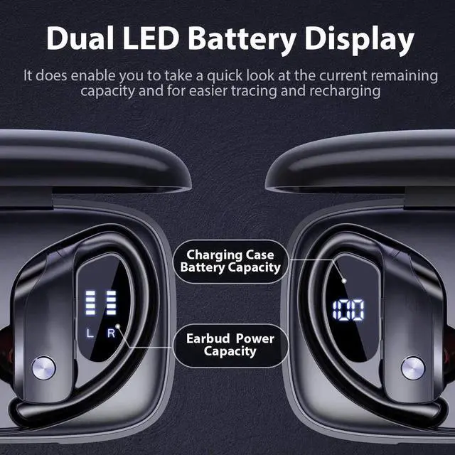 Alt view image 5 of 6 - Ture Wireless Earbuds Bluetooth Headphones 48hrs Playtime Sport Earphones with LED Display TWS Stereo Deep Bass Ear Buds with Earhooks Waterproof in-Ear Built-in Mic Headset for Running Workout
