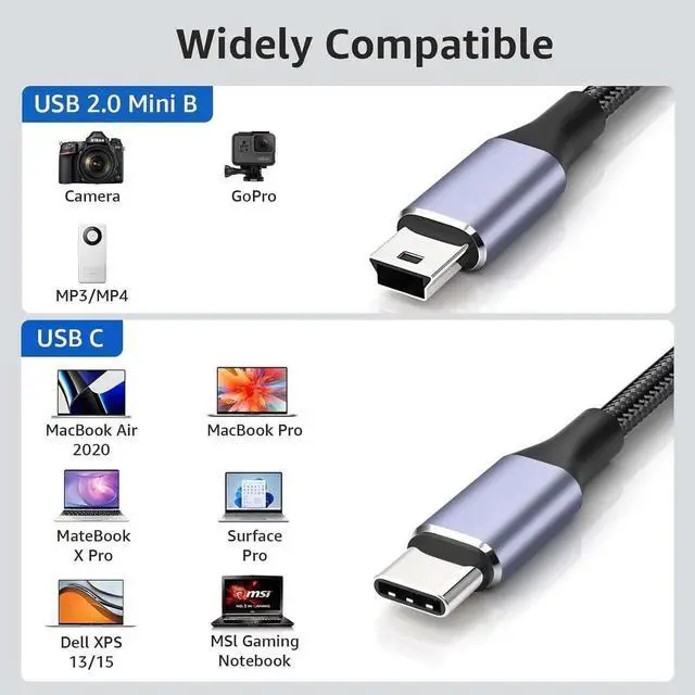 Alt view image 6 of 7 - [2 PACK] USB C to Mini USB Cable 3FT/1M, [Aluminum Shell, Braided] Durable Mini-B 5-Pin to Type-C Data Charging Charger OTG Cord for Hero 3+, PS3 Controller, Ca-non Ni-kon Camera, GPS etc.