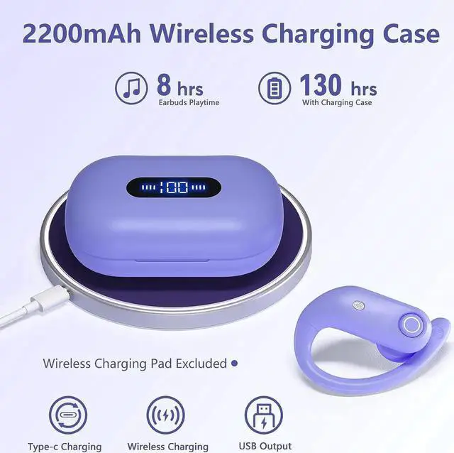 Alt view image 6 of 6 - True Wireless Earbuds, Bluetooth Headphones 130H Playback 4 Mics Clear Call Waterproof Sport Wireless Headset, 2200mAh Charging Case in-Ear Ear Buds Earphones with Earhooks for Sports Running Workout