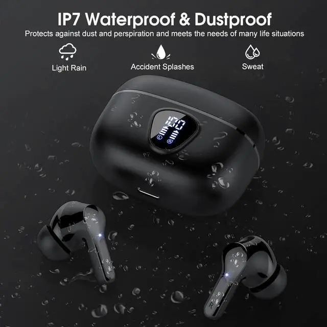 Alt view image 4 of 7 - Wireless Earbuds, Bluetooth 5.3 Headphones HiFi Stereo, Bluetooth Earbuds with ENC Noise Cancelling Mic, IP7 Waterproof in Ear Earphones, 48H, LED Display Ear buds for Pad Workout Sports, Black