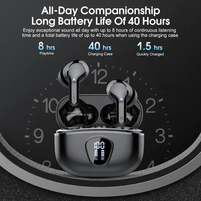 Alt view image 3 of 7 - Wireless Earbuds, Bluetooth 5.3 Headphones HiFi Stereo, Bluetooth Earbuds with ENC Noise Cancelling Mic, IP7 Waterproof in Ear Earphones, 48H, LED Display Ear buds for Pad Workout Sports, Black