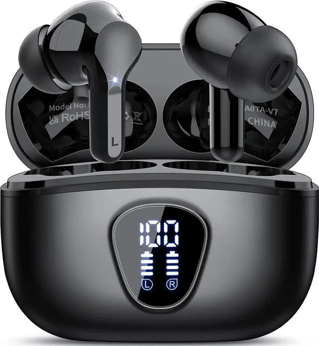 Main image of Wireless Earbuds, Bluetooth 5.3 Headphones HiFi Stereo, Bluetooth Earbuds with ENC Noise Cancelling Mic, IP7 Waterproof in Ear Earphones, 48H, LED Display Ear buds for Pad Workout Sports, Black