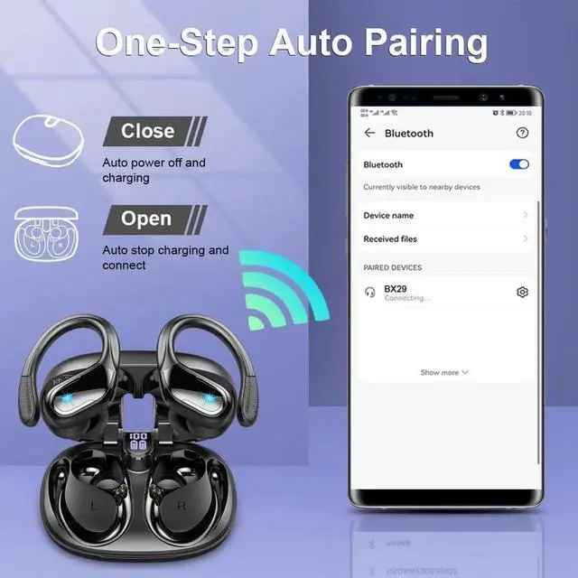 Alt view image 6 of 7 - Wireless Earbuds, Bluetooth 5.4 Headphones Sport, 75H Stereo Wireless Earphones with 4 ENC Noise Canceling Mic, IP7 Waterproof Ear Buds with Earhooks,LED Display Wireless Headphones for Running