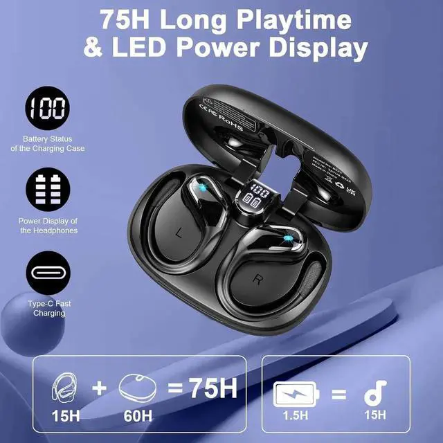 Alt view image 3 of 7 - Wireless Earbuds, Bluetooth 5.4 Headphones Sport, 75H Stereo Wireless Earphones with 4 ENC Noise Canceling Mic, IP7 Waterproof Ear Buds with Earhooks,LED Display Wireless Headphones for Running