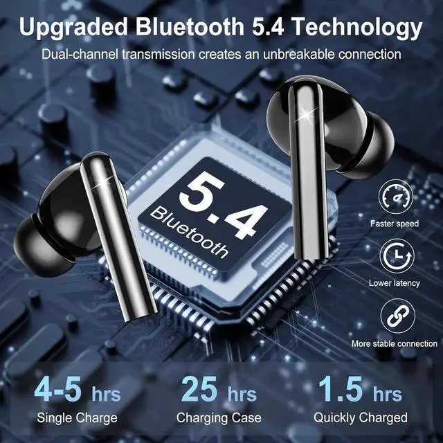 Alt view image 3 of 7 - Wireless Earbuds, Bluetooth 5.4 Headphones in Ear with Touch Screen and HiFi Stereo Deep Bass, ANC Noise Cancelling Mic Wireless Earphones,25H Playtime Bluetooth Earbuds,IPX5 Waterproof (Black)