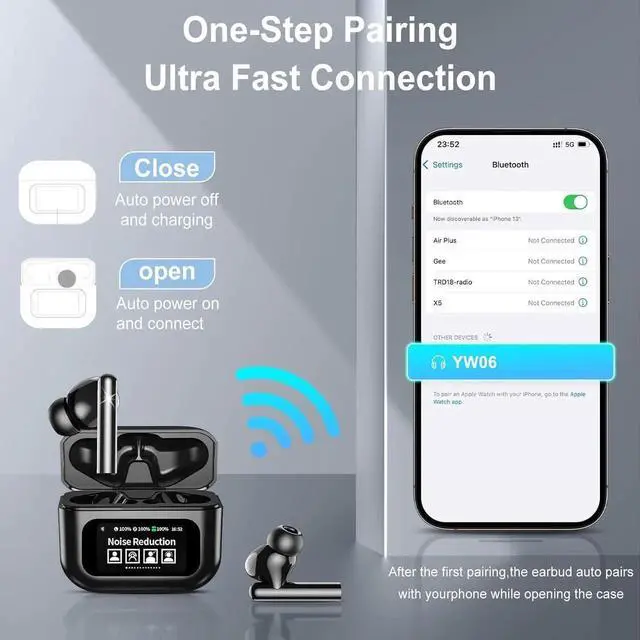 Alt view image 2 of 7 - Wireless Earbuds, Bluetooth 5.4 Headphones in Ear with Touch Screen and HiFi Stereo Deep Bass, ANC Noise Cancelling Mic Wireless Earphones,25H Playtime Bluetooth Earbuds,IPX5 Waterproof (Black)