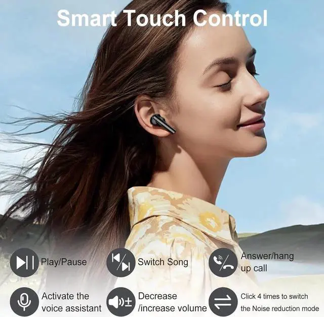 Alt view image 6 of 7 - Wireless Earbuds, Bluetooth 5.4 Headphones in Ear with Touch Screen and HiFi Stereo Deep Bass, ANC Noise Cancelling Mic Wireless Earphones,25H Playtime Bluetooth Earbuds,IPX5 Waterproof (Black)