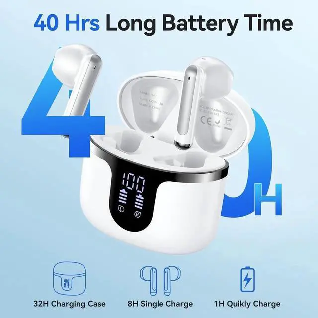 Alt view image 2 of 7 - Bluetooth Wireless Earbuds, Mini Wireless 5.3 Headphones HiFi Stereo, 40H Wireless Earphones with ENC Noise Cancelling Mics, Touch Control, Type-C Charging, Dual LED Display, in Ear for Gym
