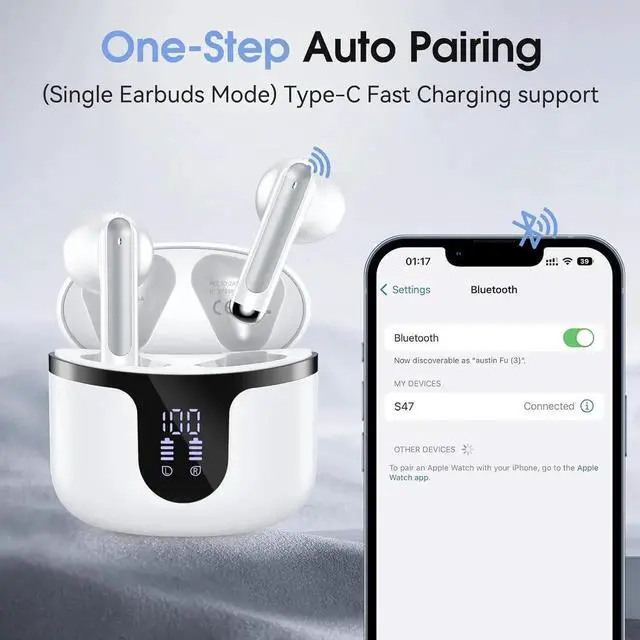 Alt view image 7 of 7 - Bluetooth Wireless Earbuds, Mini Wireless 5.3 Headphones HiFi Stereo, 40H Wireless Earphones with ENC Noise Cancelling Mics, Touch Control, Type-C Charging, Dual LED Display, in Ear for Gym