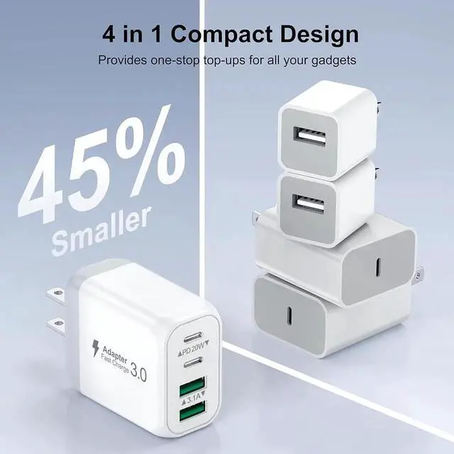Alt view image 6 of 7 - 3 Pack USB Wall Charger Block, Fast USB C Charger Block 4 Port USB PD Power Adapter, QC Wall Plug Multiport Type C Charging Cube for i-Phone 15/14/13/12/11,L-G,Nexus,H-T-C,Go-o-gle Pixel, and More