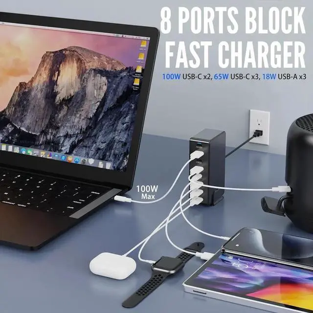 Alt view image 2 of 7 - 8 Ports USB Charging Station for Multiple Device 440W, GAN3 USB C Charger Block, Dual PD 100W Laptop Charger Hub 8 Ports USB Charger Block Compatible with MacBook Pro/Air i-Phone/Galaxy