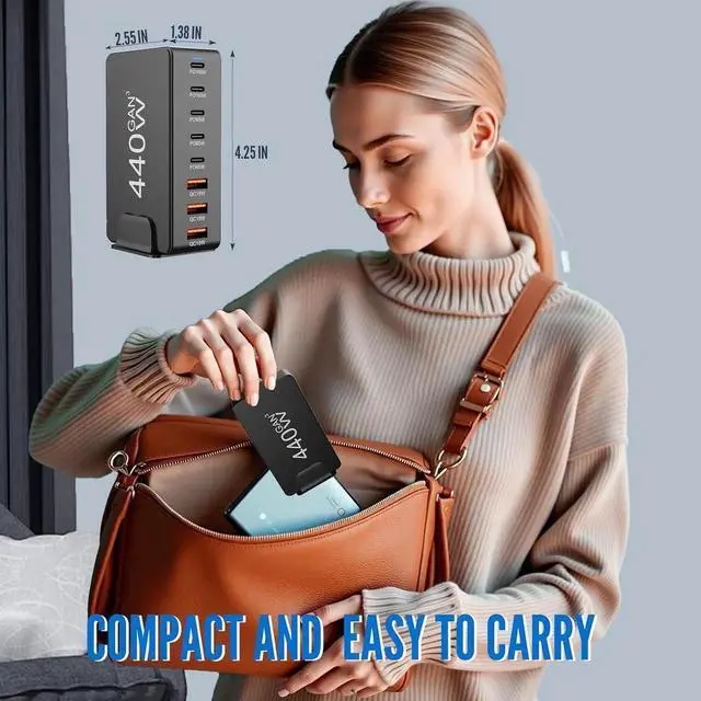 Alt view image 3 of 7 - 8 Ports USB Charging Station for Multiple Device 440W, GAN3 USB C Charger Block, Dual PD 100W Laptop Charger Hub 8 Ports USB Charger Block Compatible with MacBook Pro/Air i-Phone/Galaxy