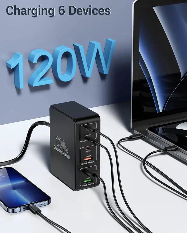 Alt view image 4 of 7 - 120W USB C Charging Station, Multiport USB Charging Station, Multi USB Charger Station, 6 Ports USB Charging Station for Multiple Devices, USB Charging Hub Compatible with MacBook, Laptop, Smartphones