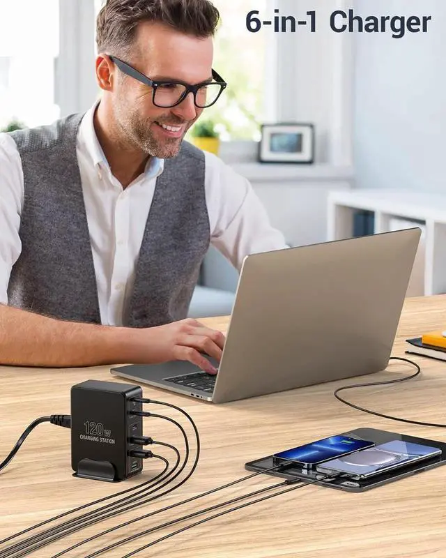 Alt view image 3 of 7 - 120W USB C Charging Station, Multiport USB Charging Station, Multi USB Charger Station, 6 Ports USB Charging Station for Multiple Devices, USB Charging Hub Compatible with MacBook, Laptop, Smartphones