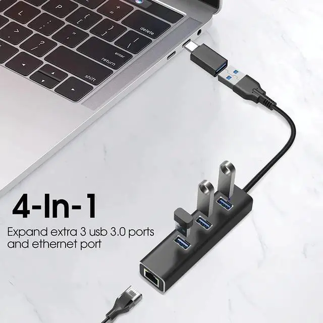 Alt view image 2 of 6 - USB 3.0 HUB with 1000MBps RJ45 Gigabit Ethernet Port, 3-Port USB to Ethernet Adapter with USB C Adapter, Aluminum USB Extender Splitter for Laptop, Mac-Book, Mac Pro, i-Mac, Surface Pro, XPS, PC