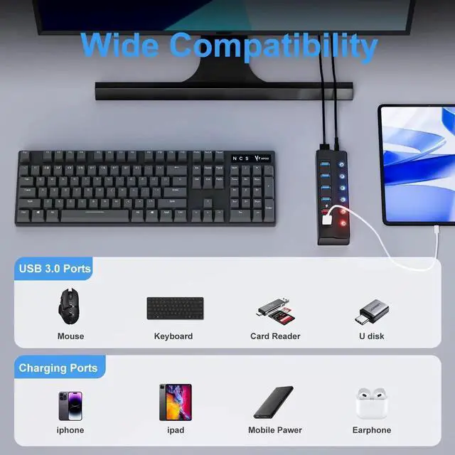 Alt view image 2 of 7 - Powered USB Hub 3.0, 6-Port USB 3.0 Splitter Hub (4 Faster Data Transfer Ports+ 2 Smart Charging Port) with Individual LED On/Off Switches and 12V/3A Power Adapter USB Extension for Mac, PC