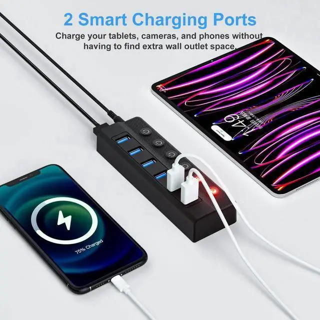 Alt view image 4 of 7 - Powered USB Hub 3.0, 6-Port USB 3.0 Splitter Hub (4 Faster Data Transfer Ports+ 2 Smart Charging Port) with Individual LED On/Off Switches and 12V/3A Power Adapter USB Extension for Mac, PC