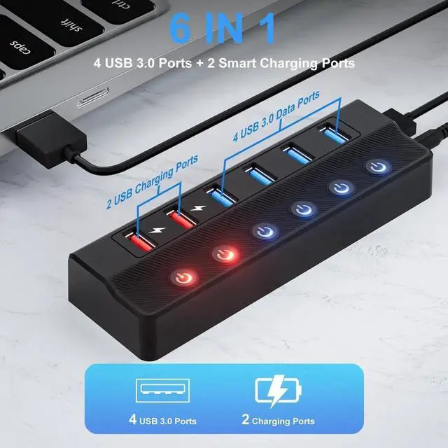 Alt view image 6 of 7 - Powered USB Hub 3.0, 6-Port USB 3.0 Splitter Hub (4 Faster Data Transfer Ports+ 2 Smart Charging Port) with Individual LED On/Off Switches and 12V/3A Power Adapter USB Extension for Mac, PC